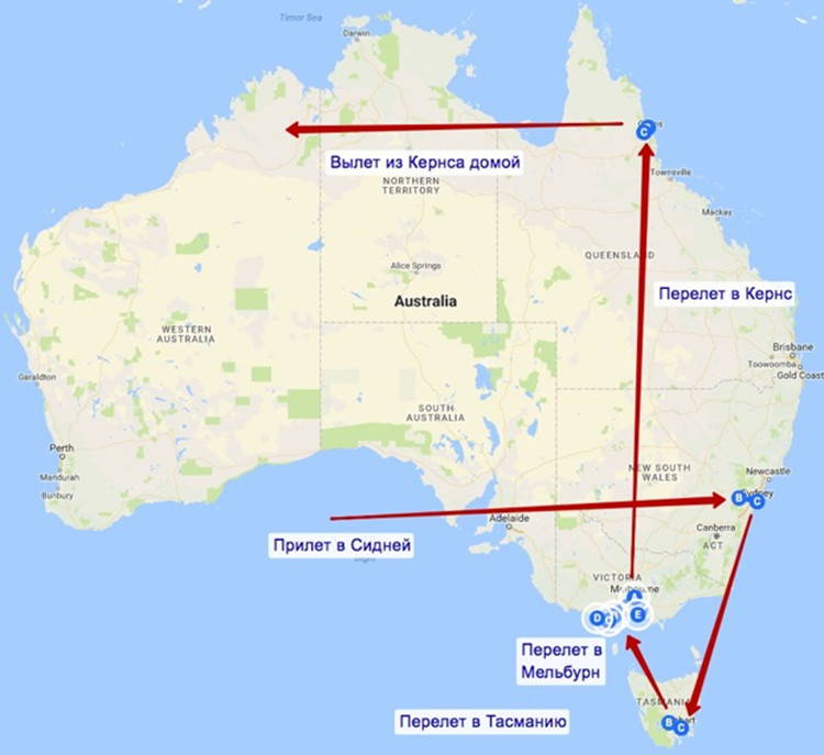 Маршрут 14-дневного путешествия по Австралии